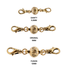 Three gold cat collars with different bead sizes and labels on a white background