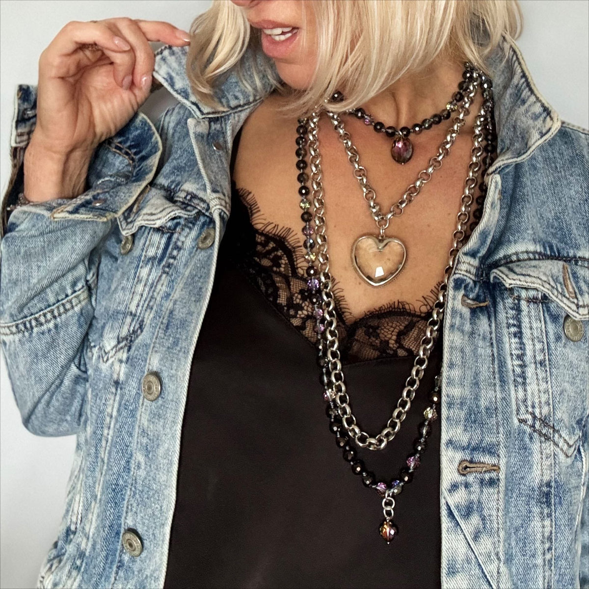 Crystal Heart Chunky Chain Layering Necklace