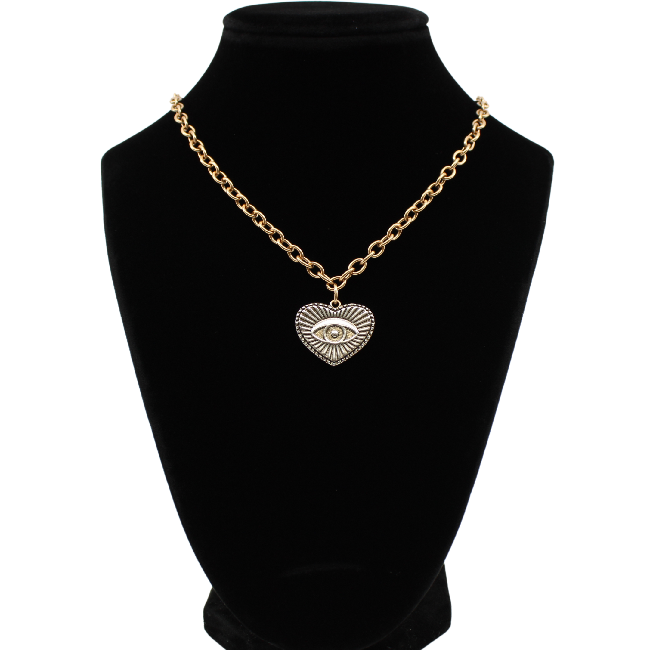 Gold chain choker with a heart-shaped eye pendant, bar clasp, and crescent moon charm. Its mixed metal design adds a unique flair, all set against a white background.