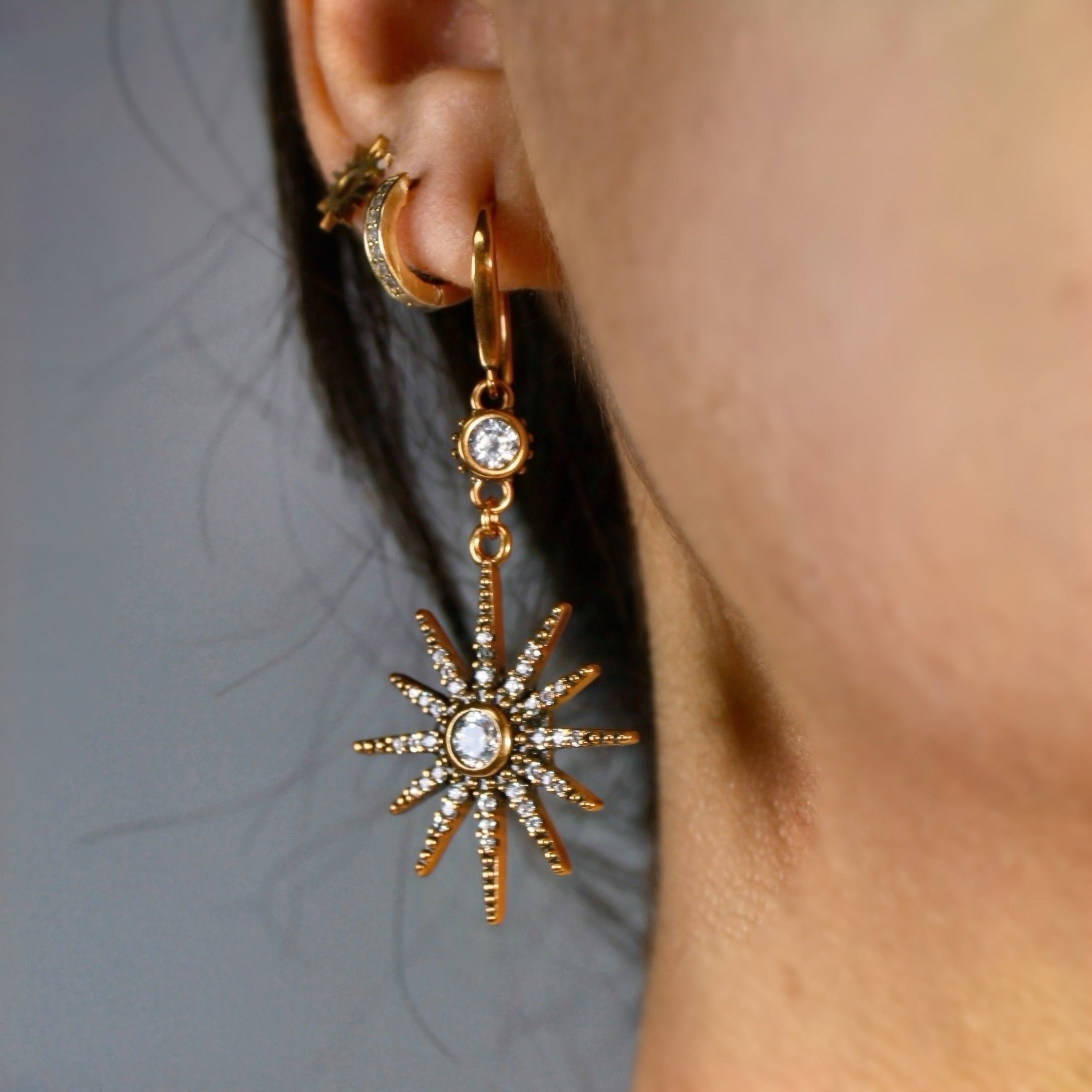 Gold sun-shaped earring with clear gemstones worn on an ear against a neutral background