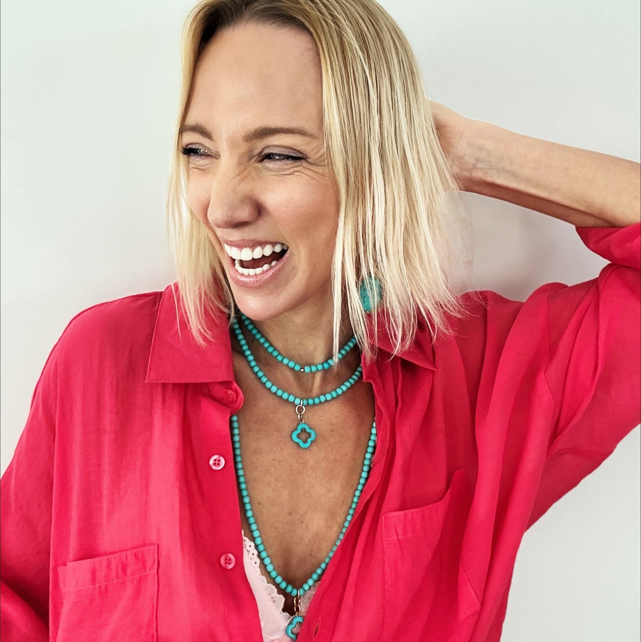 katia wearing turquoise blue as necklaces