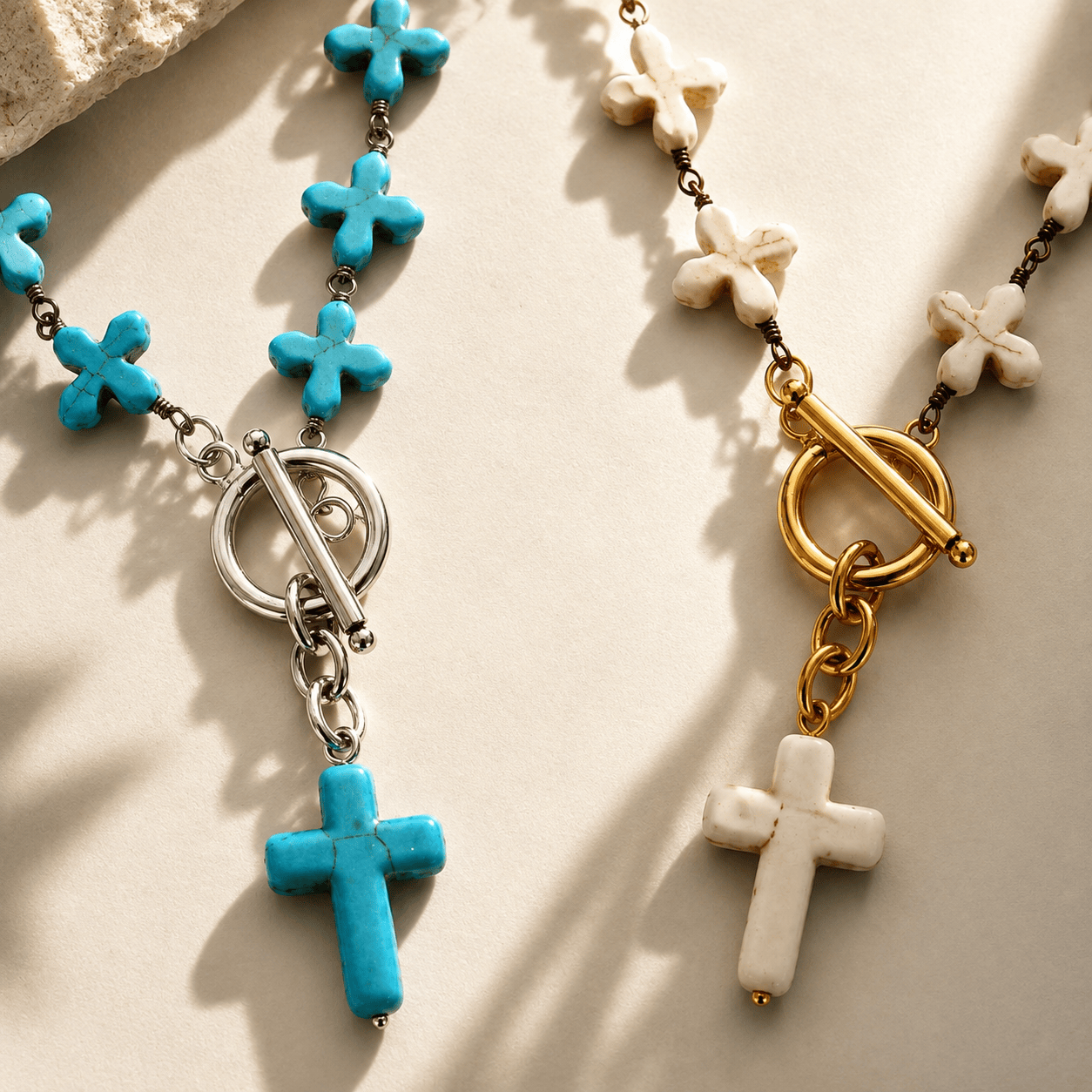 Howlite Cross Rosary Choker Necklace