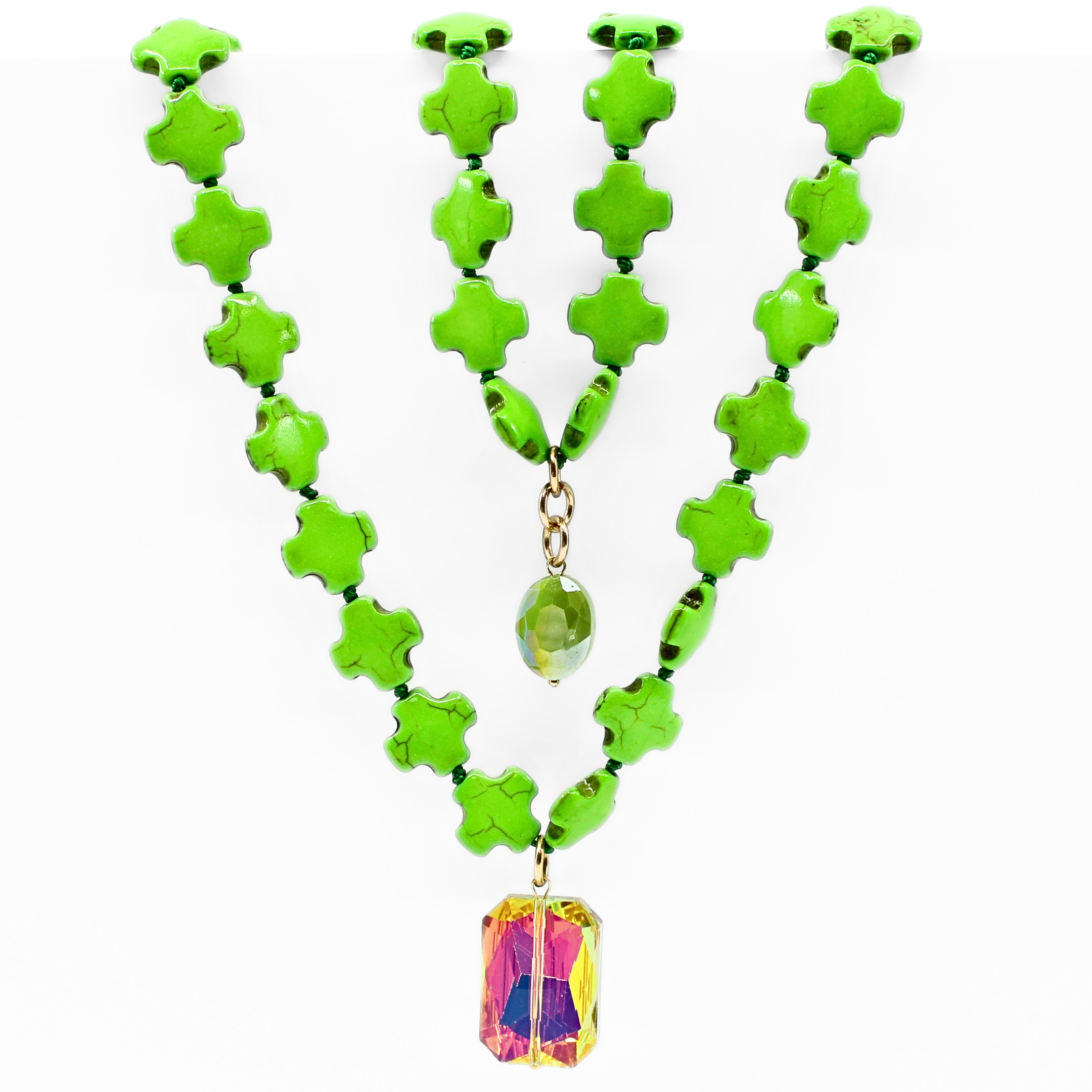 Kelly Green howlite beads
(1x) 18x26mm rectangular sunrise crystal and (1x) 12x16mm lime AB crystal