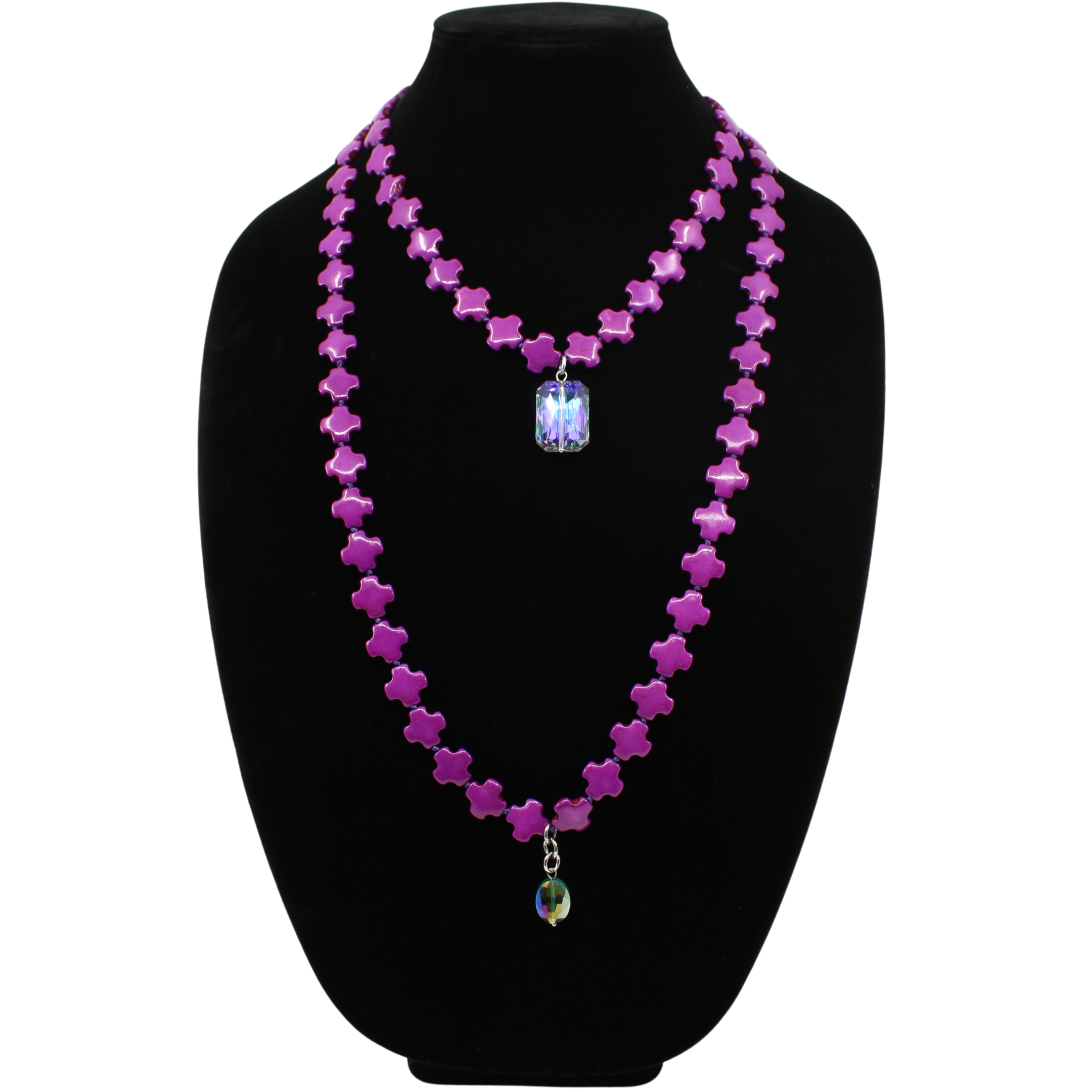 Magenta Purple howlite beads
(1x) 18x26mm rectangular sunset crystal and (1x) 12x16mm teal AB crystal on black bust