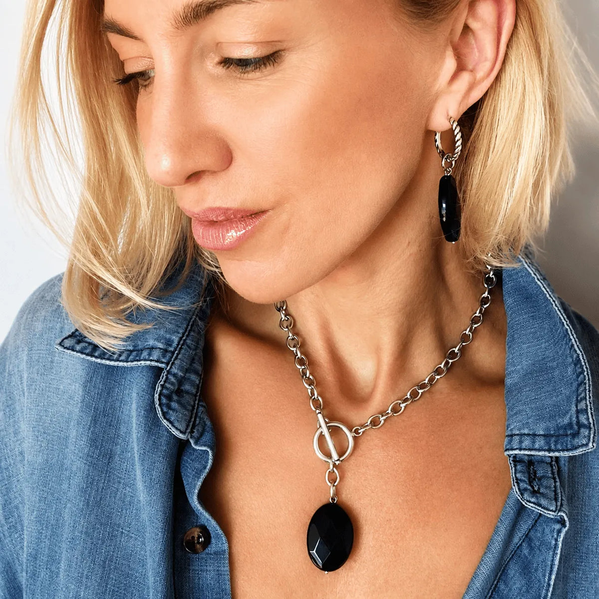 Black Onyx Choker & Huggie Earring Set