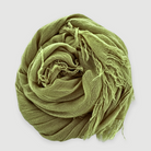 Green scarf with frayed edges on a light gray background