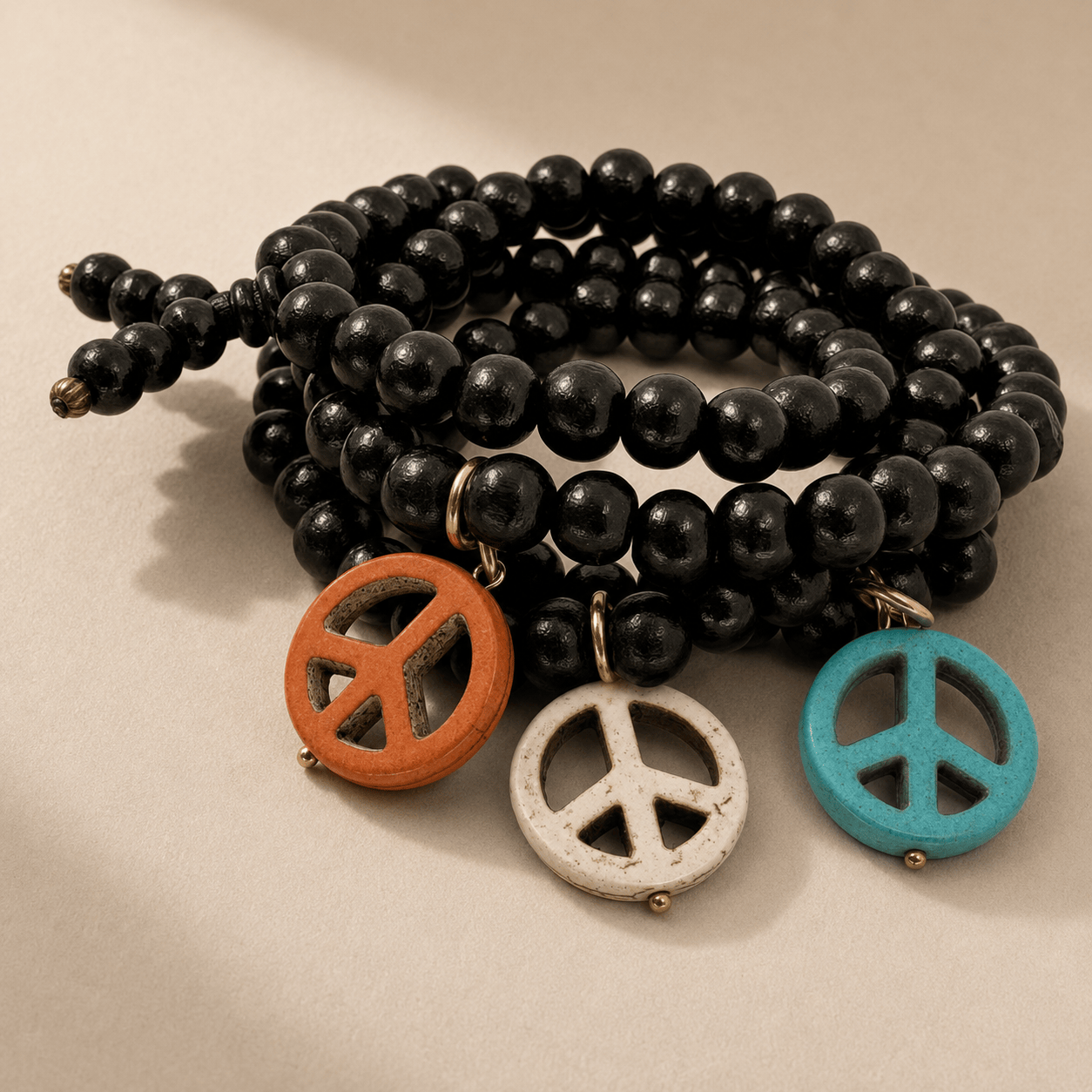 Howlite Peace Sign Wood Boho Wrap Bracelet/Necklace