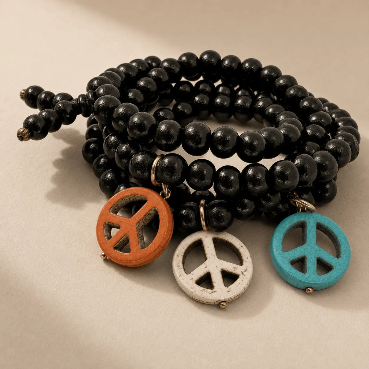 Howlite Peace Sign Wood Boho Wrap Bracelet/Necklace