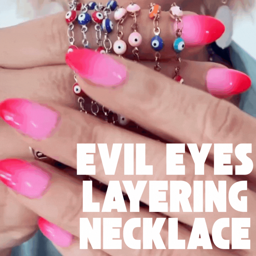 evil eyes layering necklace in pink blue red and multicolor in gold or silver finish