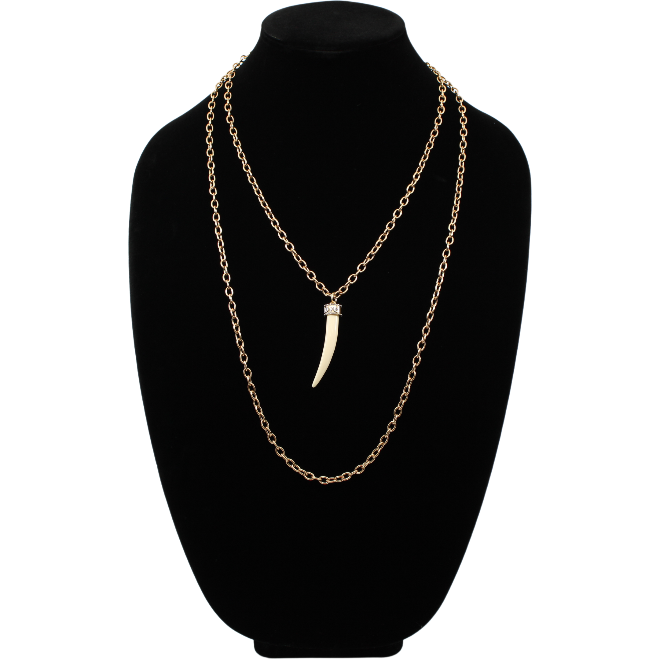 tusk-shaped pendants, crafted from synthetic polymer, hang gracefully from mixed metal design chain necklaces of silver and bronze, displayed side by side on a white background.